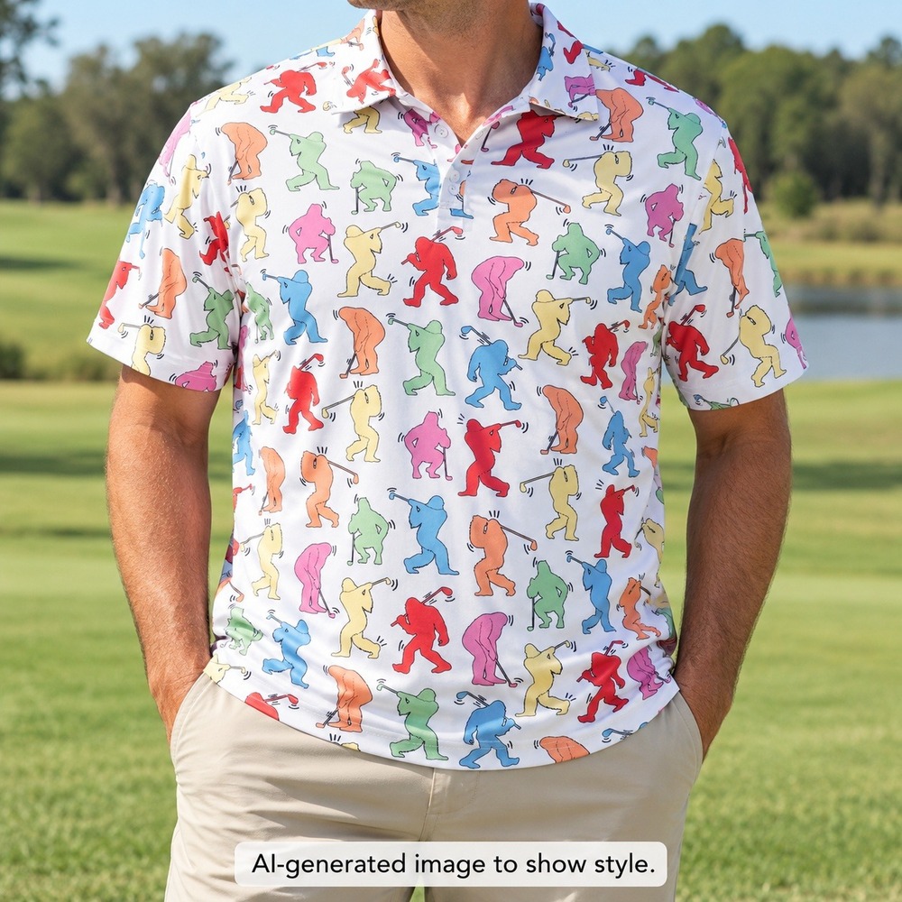 Bigfoot Golfing Polo Shirt Mens XL White Multicolor Sasquatch Performance Tee